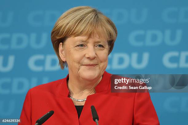 German Chancellor and Chairwoman of the German Christian Democrats Angela Merkel speaks to the media following meetings of the CDU leadership today...