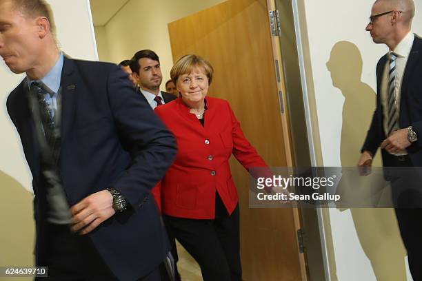 German Chancellor and Chairwoman of the German Christian Democrats Angela Merkel arrives to speak to the media following meetings of the CDU...