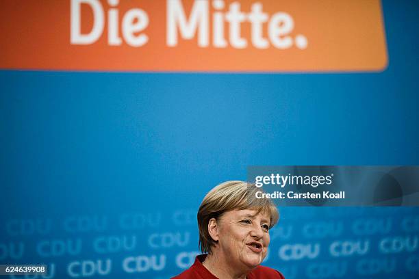 German Chancellor and Chairwoman of the German Christian Democrats Angela Merkel speaks to the media following meetings of the CDU leadership today...