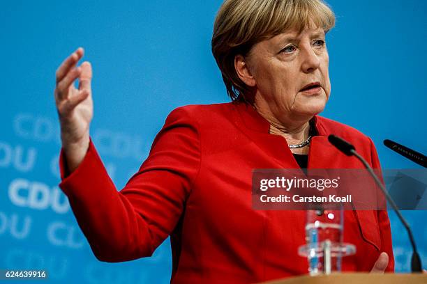 German Chancellor and Chairwoman of the German Christian Democrats Angela Merkel speaks to the media following meetings of the CDU leadership today...