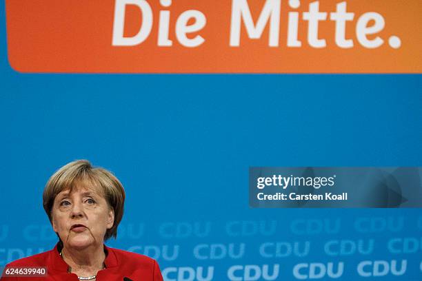 German Chancellor and Chairwoman of the German Christian Democrats Angela Merkel speaks to the media following meetings of the CDU leadership today...