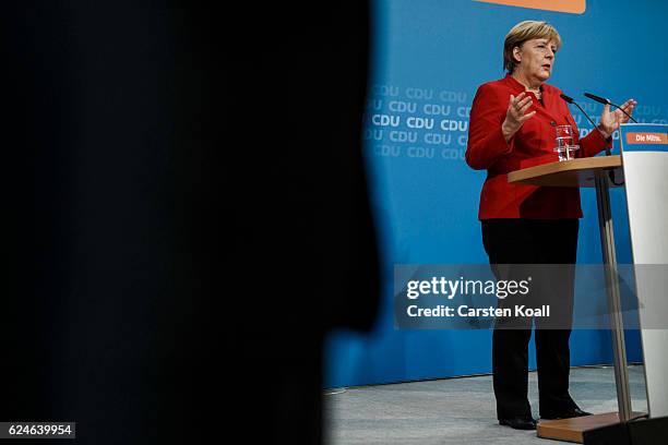 German Chancellor and Chairwoman of the German Christian Democrats Angela Merkel speaks to the media following meetings of the CDU leadership today...