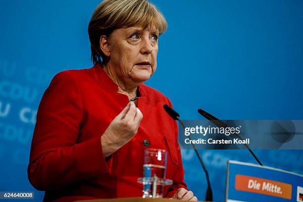 German Chancellor and Chairwoman of the German Christian Democrats Angela Merkel speaks to the media following meetings of the CDU leadership today...