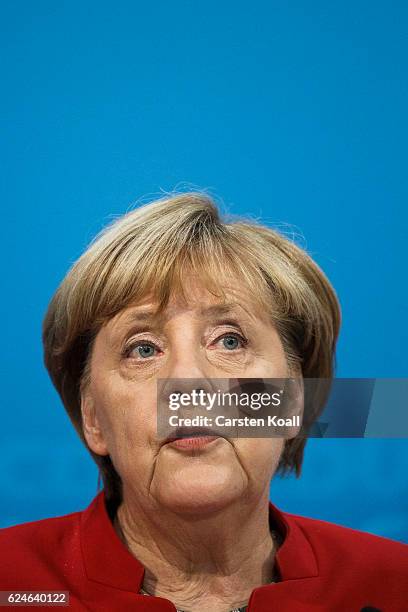 German Chancellor and Chairwoman of the German Christian Democrats Angela Merkel speaks to the media following meetings of the CDU leadership today...