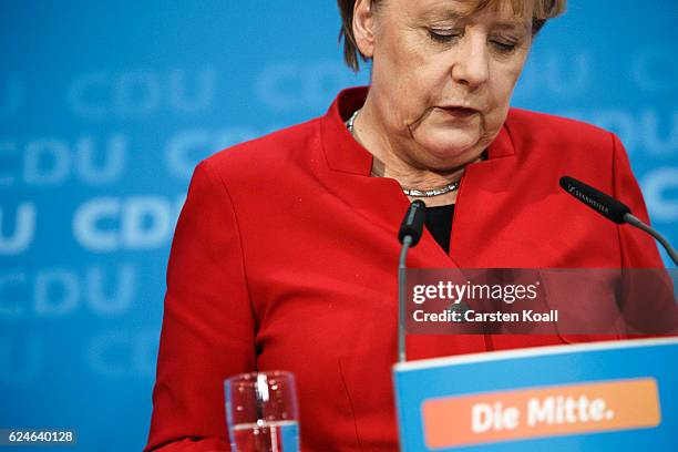 German Chancellor and Chairwoman of the German Christian Democrats Angela Merkel speaks to the media following meetings of the CDU leadership today...