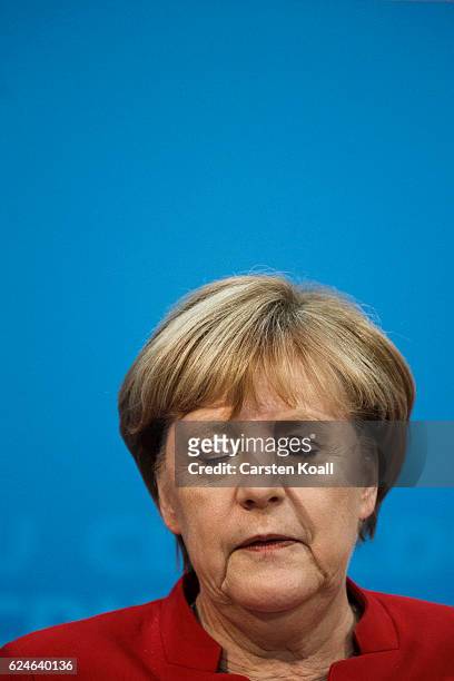 German Chancellor and Chairwoman of the German Christian Democrats Angela Merkel speaks to the media following meetings of the CDU leadership today...