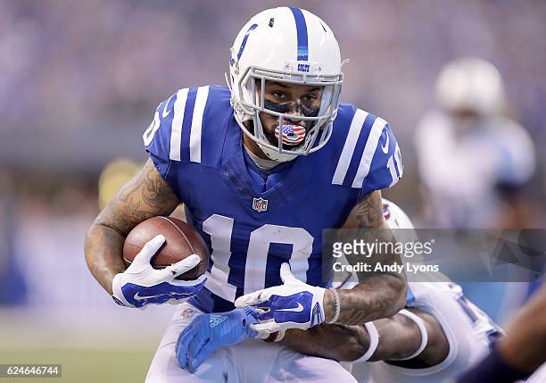 Donte Moncrief of the Indianapolis Colts runs with the ball during the first half of the game against the Tennessee Titans at Lucas Oil Stadium on...