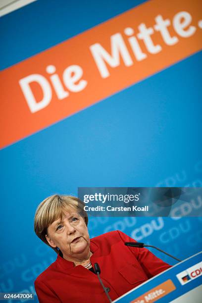 German Chancellor and Chairwoman of the German Christian Democrats Angela Merkel speaks to the media following meetings of the CDU leadership today...