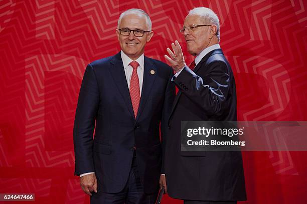 Pedro Pablo Kuczynski, Peru's president, right, greets Malcolm Turnbull, Australia's prime minister, during the Asia-Pacific Economic Cooperation...