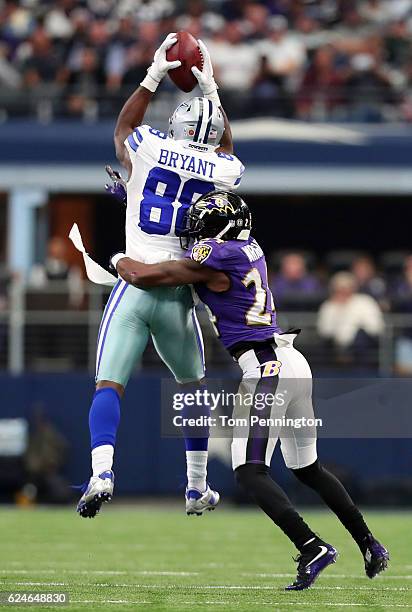 Dez Bryant catches a pass from Dak Prescott of the Dallas Cowboys during the second quarter against the Baltimore Ravens at AT&T Stadium on November...