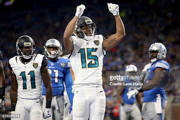Allen Robinson of the Jacksonville Jaguars celebrates his second quarter touchdown against the against the Detroit Lions at Ford Field on November...