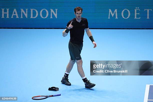 Andy Murray of Great Britain celebrates following his victory during the Singles Final against Novak Djokovic of Serbia at the O2 Arena on November...