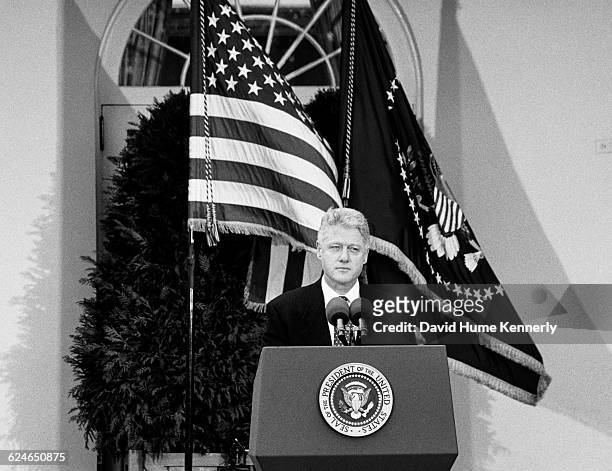 President Bill Clinton talks to the media after learning that the US Senate voted to acquit him of the charges of perjury and obstruction of justice...