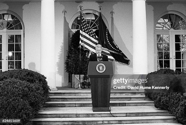 President Bill Clinton talks to the media after learning that the US Senate voted to acquit him of the charges of perjury and obstruction of justice...