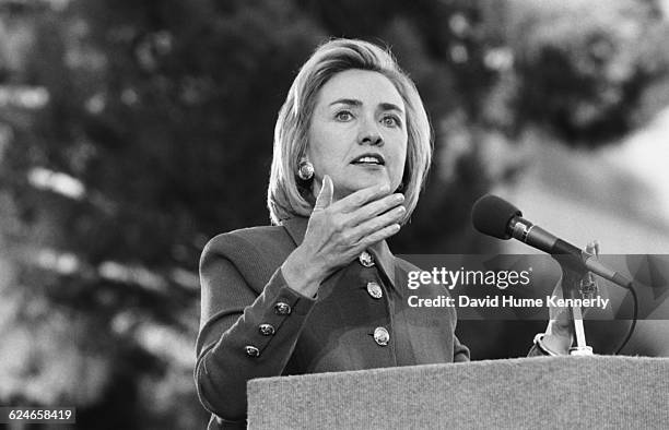 First Lady Hillary Clinton speaking at the University of Nevada, Las Vegas while campaigning for her husband's re-election on October 22, 1996.