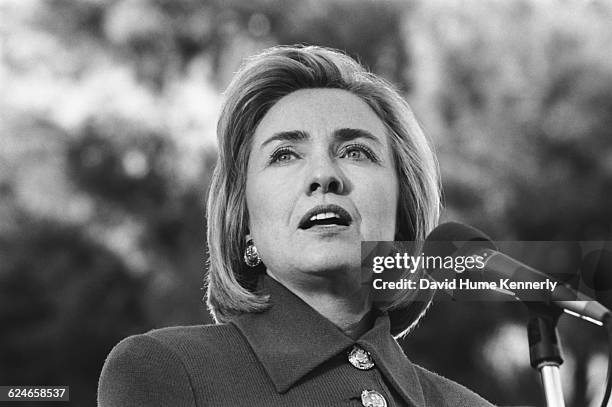 First Lady Hillary Clinton speaking at the University of Nevada, Las Vegas while campaigning for her husband's re-election on October 22, 1996.