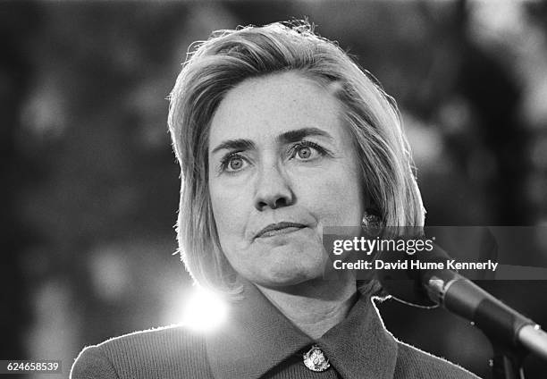 First Lady Hillary Clinton speaking at the University of Nevada, Las Vegas while campaigning for her husband's re-election on October 22, 1996.