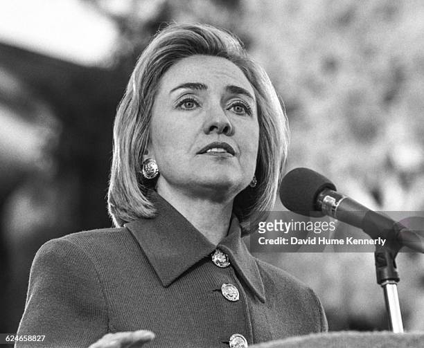 First Lady Hillary Clinton speaking at the University of Nevada, Las Vegas while campaigning for her husband's re-election on October 22, 1996.