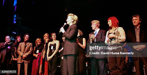 Former First Lady Hillary Clinton surrounded by family and celebrities during her 53rd birthday celebration at the Rosebud Club in New York City on...