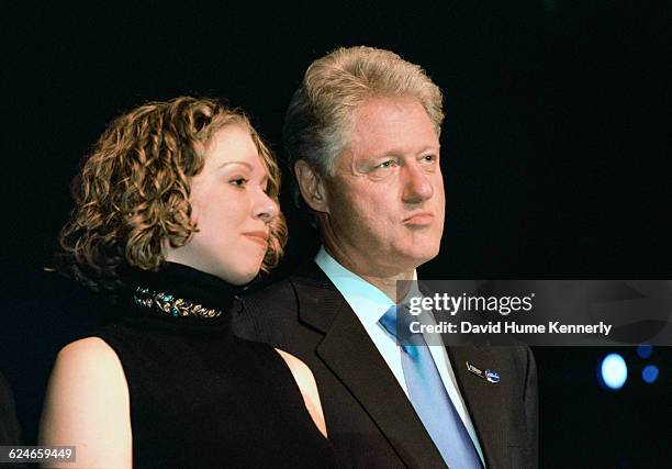 Chelsea and Bill Clinton during Hillary Clinton's 53rd birthday celebration at the Rosebud Club in New York City on October 25, 2000.