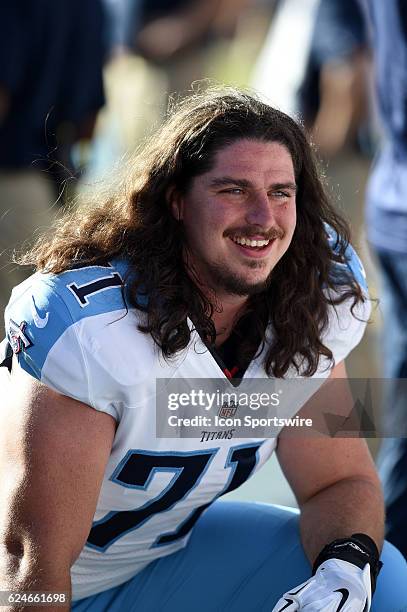 Tennessee Titans Offensive Tackle Dennis Kelly looks on during an NFL game between the Tennessee Titans and the San Diego Chargers on November 06 at...