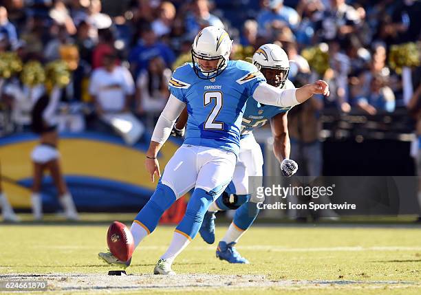 San Diego Chargers Place Kicker Josh Lambo kicks the ball for a kickoff during an NFL game between the Tennessee Titans and the San Diego Chargers on...