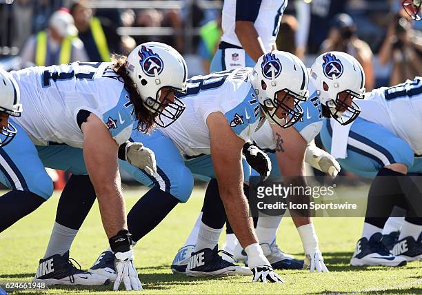 Tennessee Titans Offensive Tackle Dennis Kelly , Tennessee Titans Offensive Tackle Jack Conklin and Tennessee Titans Offensive Guard Josh Kline set...