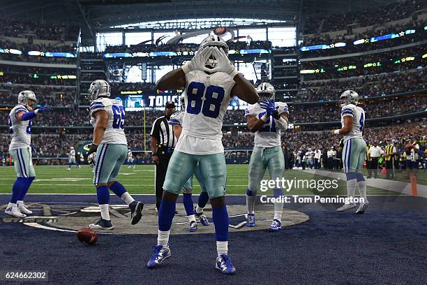 Dez Bryant of the Dallas Cowboys celebrates after catching a touchdown pass from quarterback Dak Prescott during the third quarter against the...