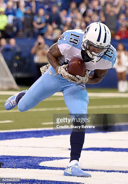 Tajae Sharpe of the Tennessee Titans catches a touchdown pass during the third quarter of the game against the Indianapolis Colts at Lucas Oil...