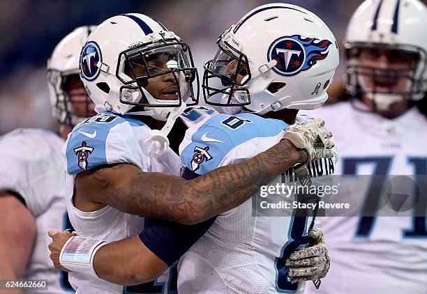 Tajae Sharpe of the Tennessee Titans and Marcus Mariota of the Tennessee Titans celebrate after a Titans touchdown in the third quarter of the game...