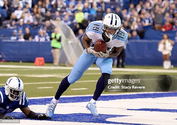 Tajae Sharpe of the Tennessee Titans catches a touchdown pass during the third quarter of the game against the Indianapolis Colts at Lucas Oil...