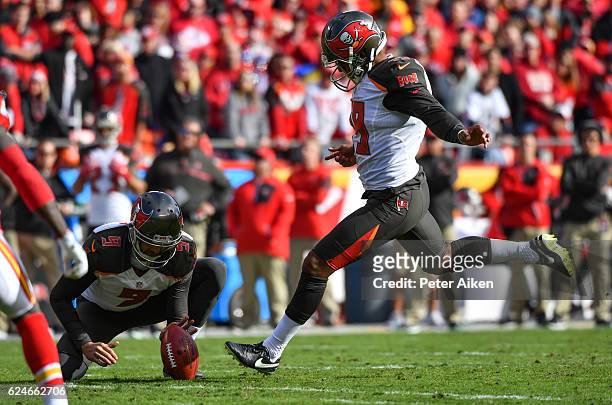 Kicker Roberto Aguayo of the Tampa Bay Buccaneers kicks his third field goal of the game from the hold of Bryan Anger against the Kansas City Chiefs...