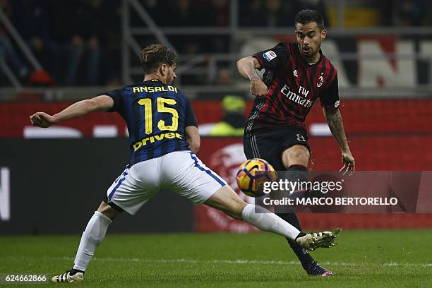 Milan's midfielder Suso from Spain scores a goal during the Italian Serie A football match AC Milan Vs Inter Milan on November 20, 2016 at the 'San...