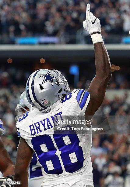 Dez Bryant of the Dallas Cowboys celebrates after scoring a touchdown after catching a pass from Dak Prescott during the third quarter against the...
