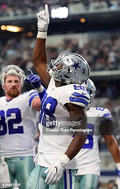 Dez Bryant of the Dallas Cowboys celebrates with teammates after scoring a touchdown after catching a pass from Dak Prescott during the third quarter...