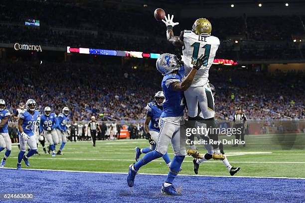 Marqise Lee of the Jacksonville Jaguars makes a catch in the end zone over Darius Slay of the Detroit Lions during third quarter action at Ford Field...