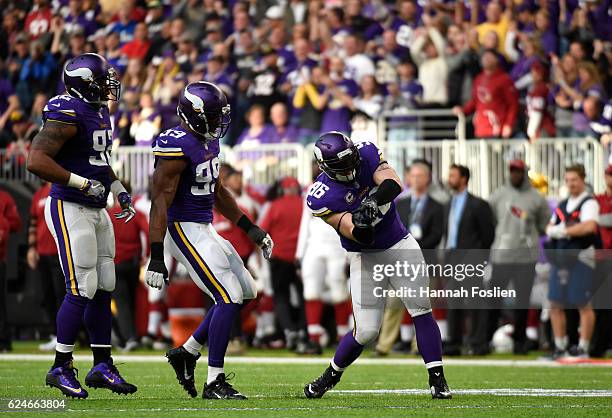 Brian Robison of the Minnesota Vikings celebrates a sack in the second half of the game agains the Arizona Cardinals on November 20, 2016 at US Bank...