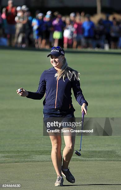 Charley Hull of England reacts to her winning putt on the 18th green during the final round of the CME Group Tour Championship at Tiburon Golf Club...