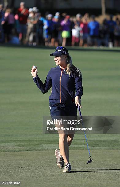 Charley Hull of England reacts to her winning putt on the 18th green during the final round of the CME Group Tour Championship at Tiburon Golf Club...