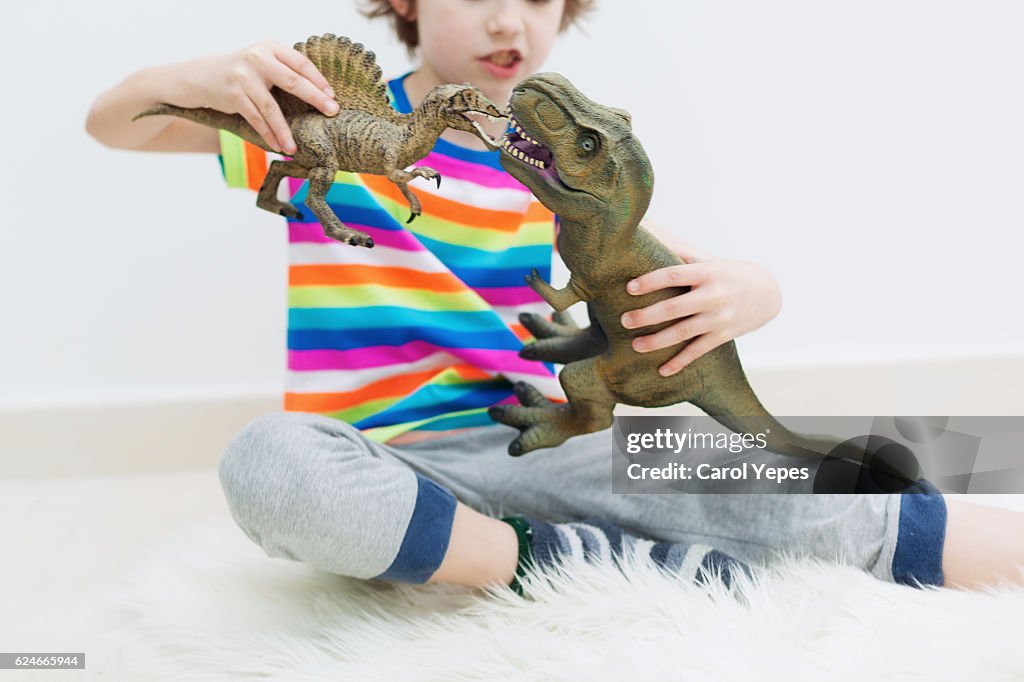 Boy playing dinosaur toys