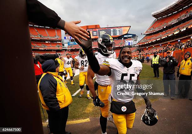 Arthur Moats of the Pittsburgh Steelers celebrates with fans after a 24-9 win over the Cleveland Browns at FirstEnergy Stadium on November 20, 2016...