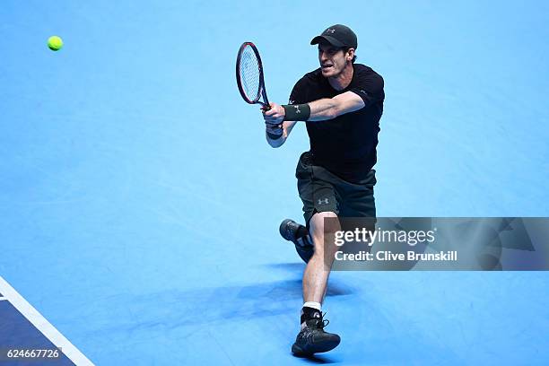 Andy Murray of Great Britain hits a backhand during the Singles Final against Novak Djokovic of Serbia at the O2 Arena on November 20, 2016 in...