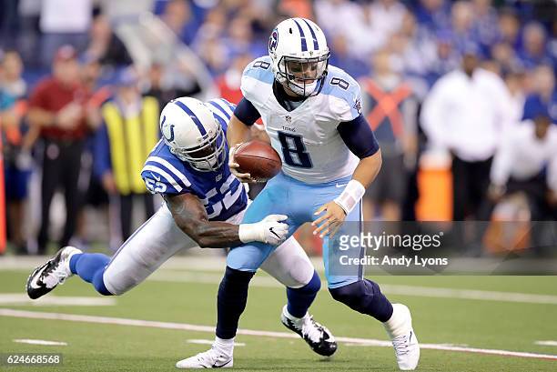 Qwell Jackson of the Indianapolis Colts sacks Marcus Mariota of the Tennessee Titans during the game at Lucas Oil Stadium on November 20, 2016 in...