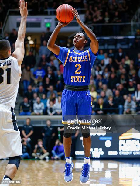 James Harvey of the McNeese State Cowboys shoots the ball against the Purdue Boilermakers at Mackey Arena on November 11, 2016 in West Lafayette,...