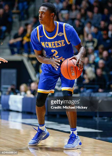 James Harvey of the McNeese State Cowboys holds the ball against the Purdue Boilermakers at Mackey Arena on November 11, 2016 in West Lafayette,...