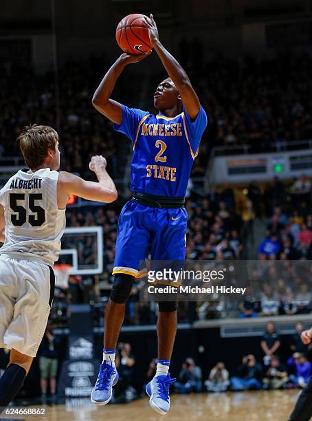 James Harvey of the McNeese State Cowboys shoots the ball at Mackey Arena on November 11, 2016 in West Lafayette, Indiana.