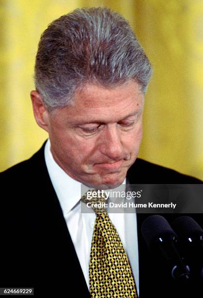 President Bill Clinton at a White House prayer breakfast, Clinton shed a tear as he talked about 'the rock bottom truth' of his Monica Lewinsky...