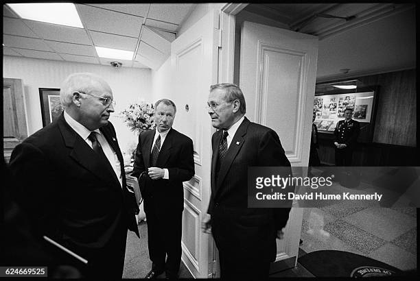 Vice President Dick Cheney with Chief of Staff to the Vice President, Scooter Libby , and Secretary of Defense, Donald Rumsfeld, outside the Pentagon...