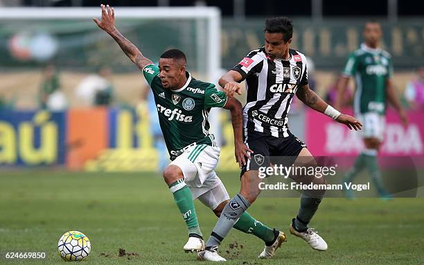 Gabriel Jesus of Palmeiras fights for the ball with Dudu Cearense of Botafogo during the match between Palmeiras and Botafogo for the Brazilian...