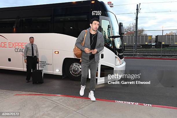 Zaza Pachulia of the Golden State Warriors arrives at the arena before the game against the Denver Nuggets on November 10, 2016 at the Pepsi Center...